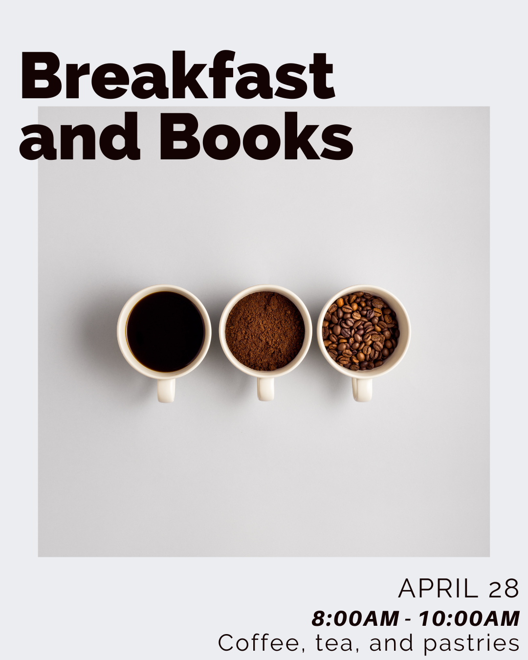 Breakfast in books with a photo of three cups of coffee