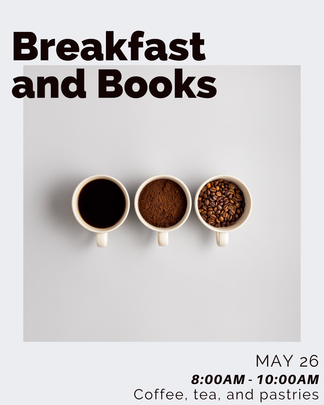 Breakfast in books with a photo of three cups of coffee