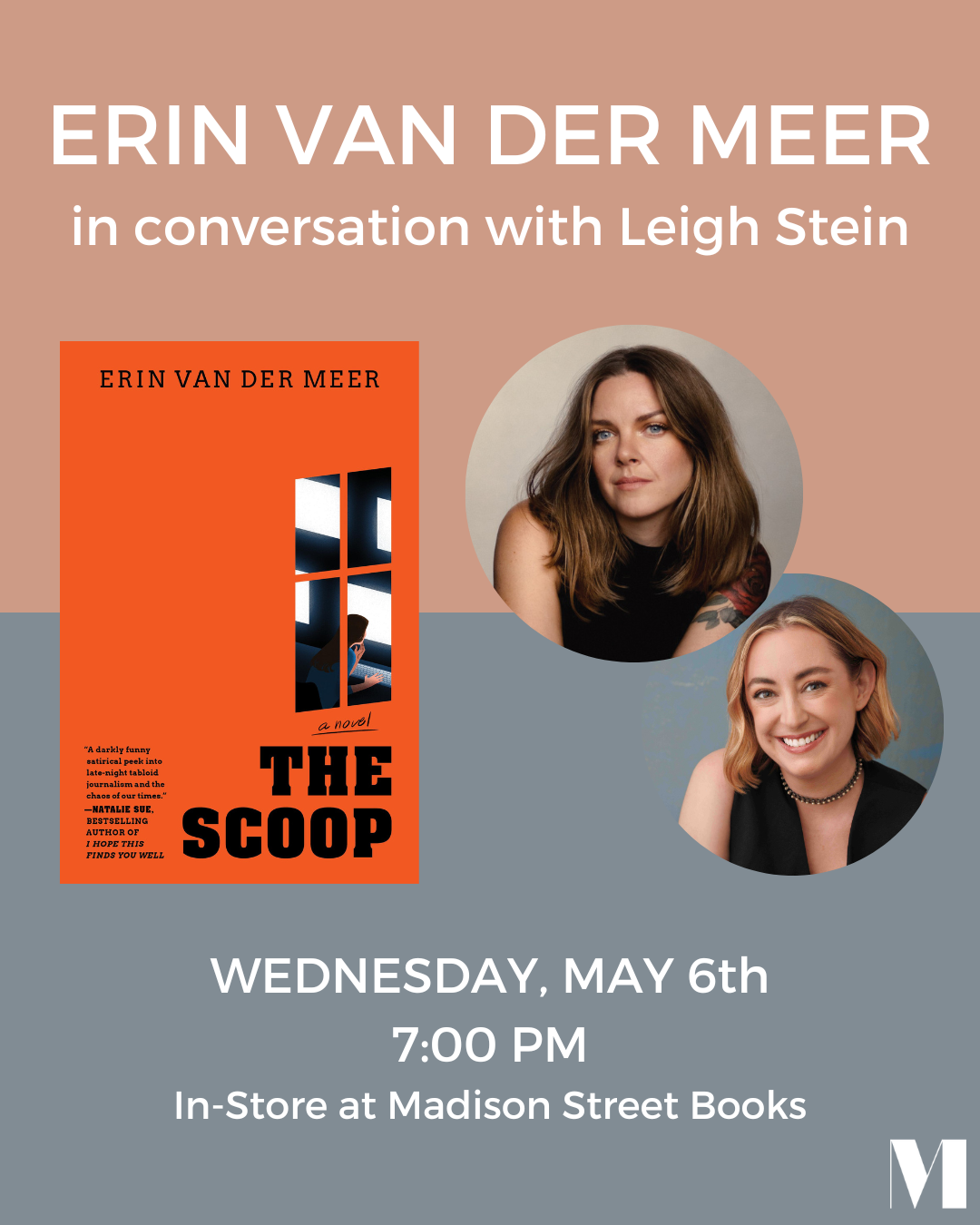 Author Erin Van Der Meer and interviewer Leigh Stein with image of book, The Scoop